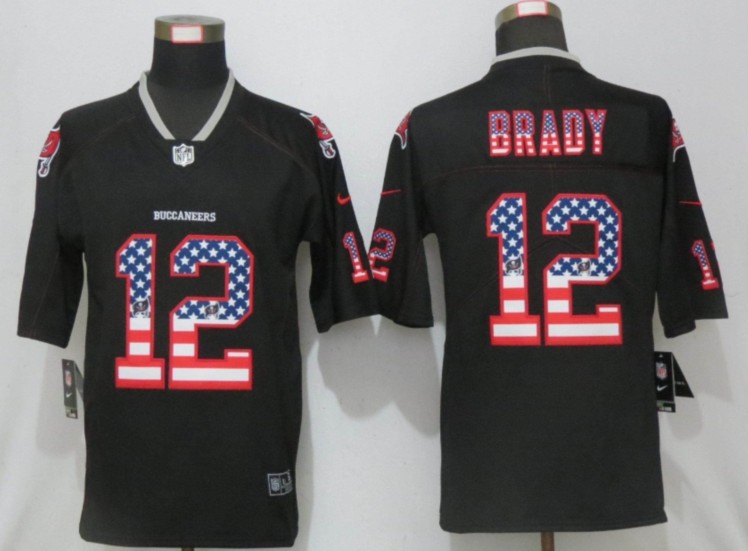 Men New Nike Tampa Bay Buccaneers 12 Brady USA Flag Fashion Black Elite Jersey